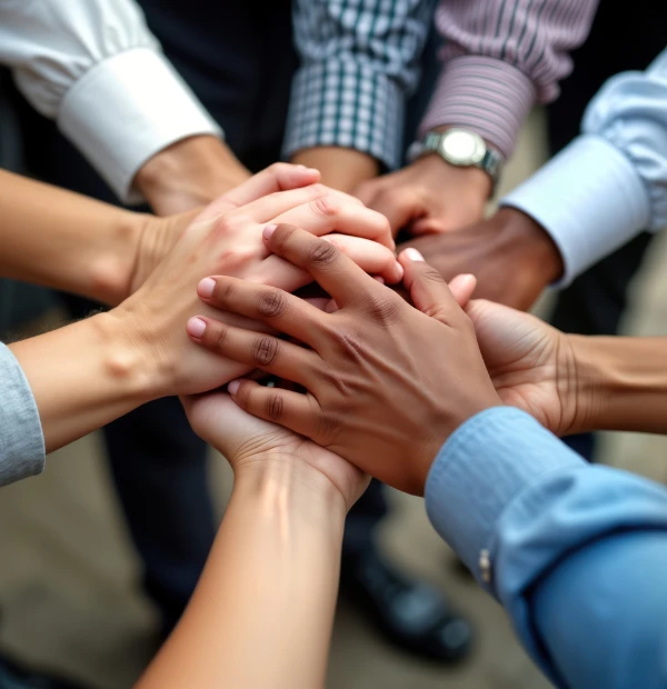 Close-up of diverse hands joined together in a show of unity and teamwork.