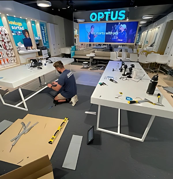 Skilled technician assembling commercial furniture and fixtures during retail store installation in Melbourne business space.