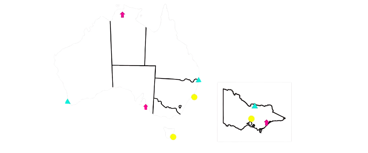 Map of Australia showing Prime Maintenance Projects' service locations with colored dots across states and a detailed Victoria inset.