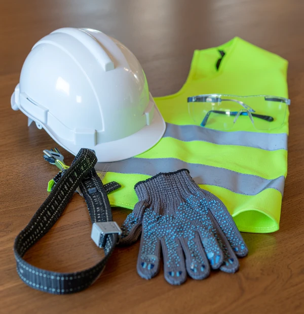 Personal protective equipment including a white hard hat, safety harness, gloves, goggles, and high-visibility vest on a table.